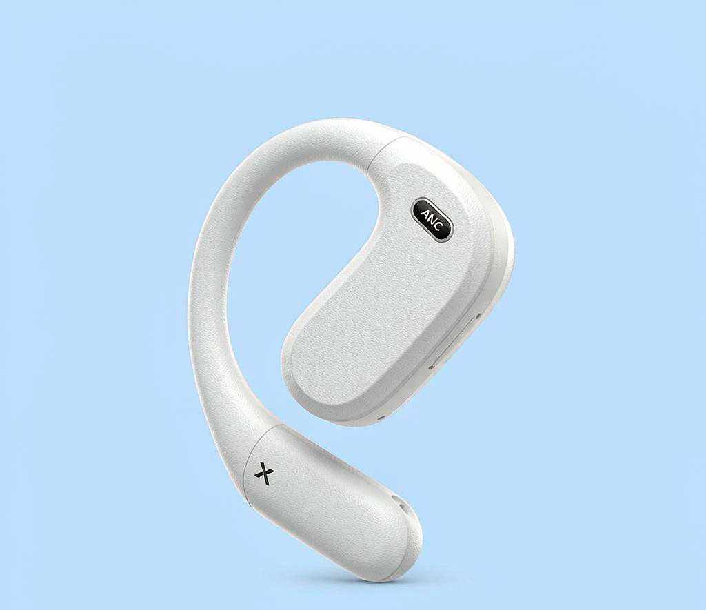 纯色背景上的白色无线耳机商品图，适合抠图练习
