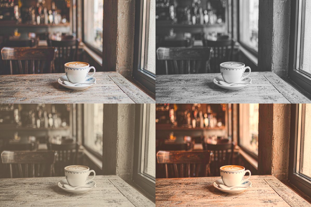 Four filter styles compared on one photo: original, B&W, vintage, cinematic