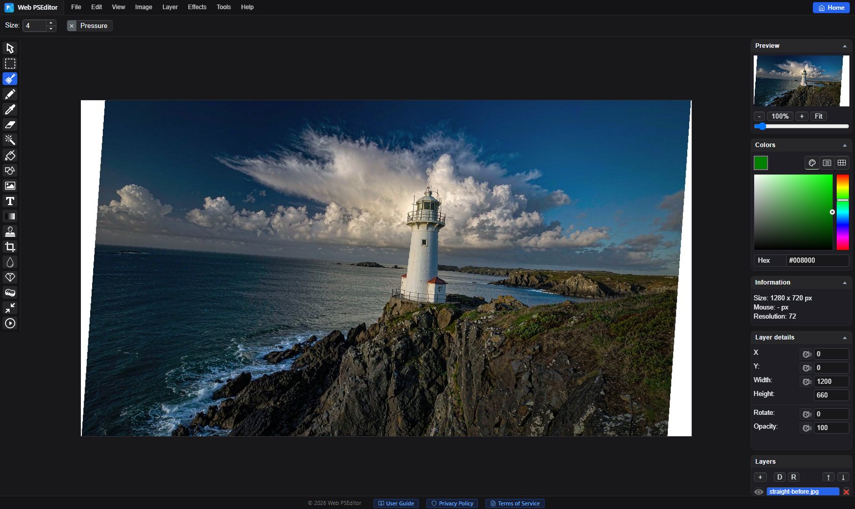 Web PSEditor English UI with a tilted photo loaded
