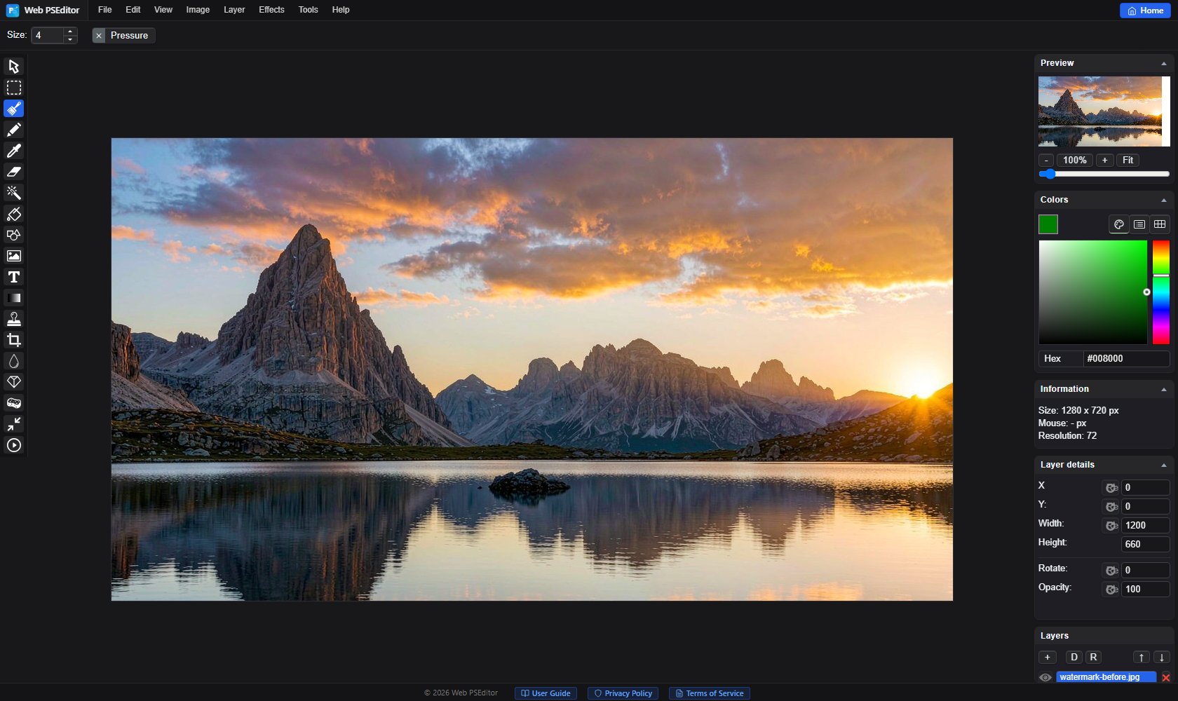 Web PSEditor English interface with a sample photo loaded on the canvas